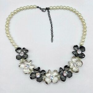Vintage VCLM Pearl & Crystal Floral Statement Necklace Black White